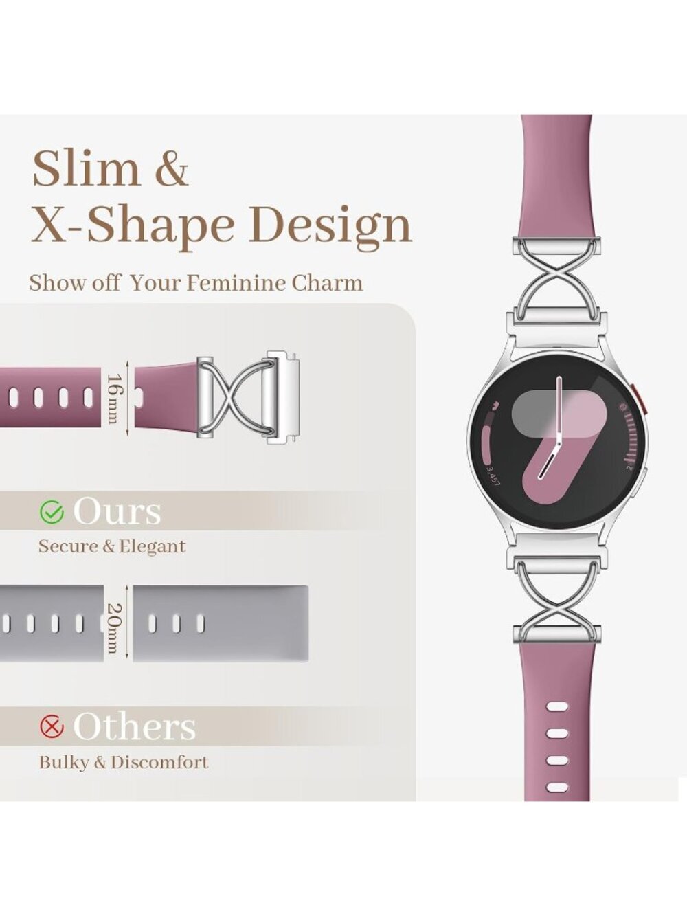 Women's Smoke Purple Charms X-Shaped Soft Slim Silicone Bands Compatible Watch - Picture 2 of 6
